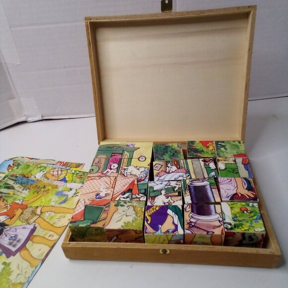 Vintage Brandie Wood Block Puzzle Nursery Rhymes Box - Picture 1 of 13